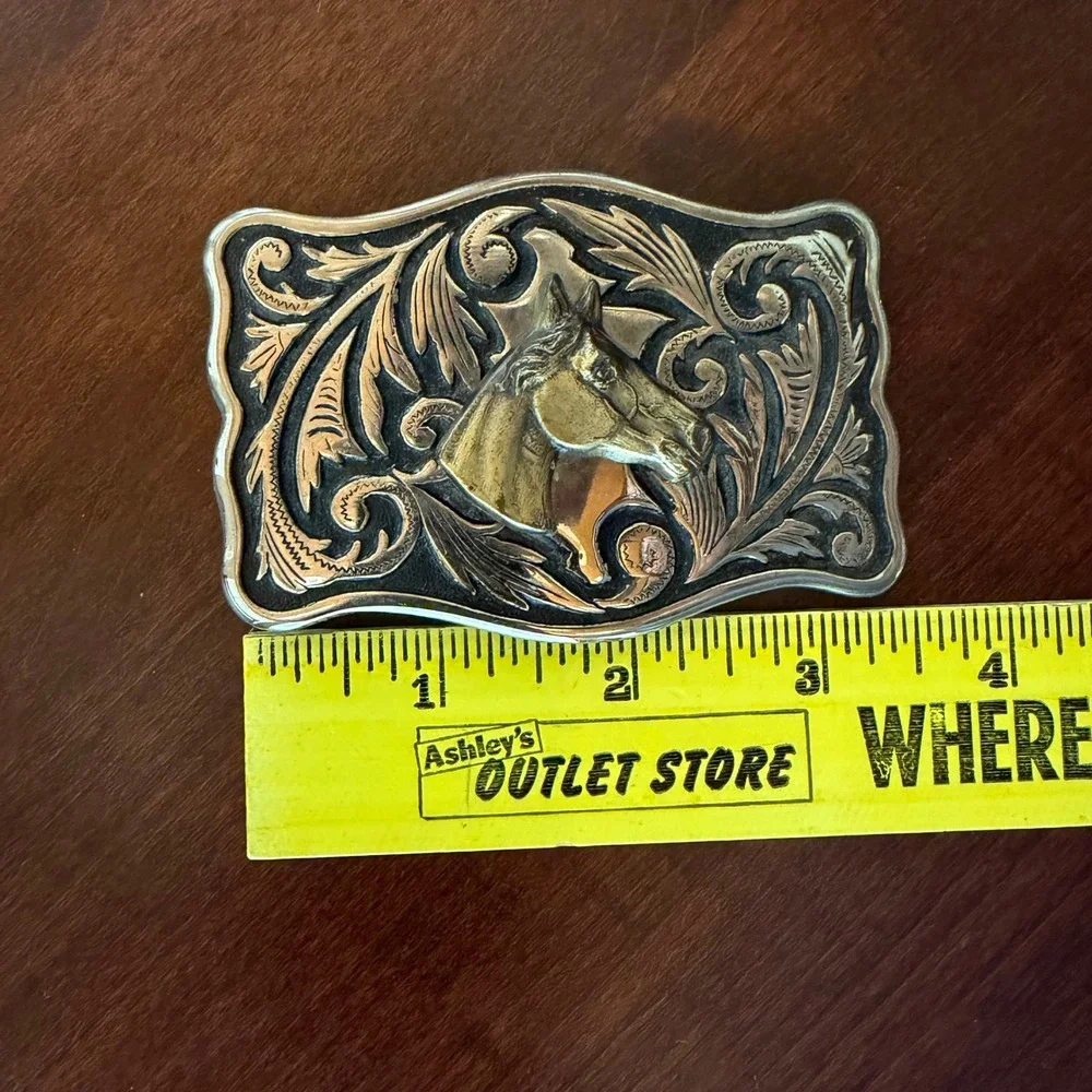 Horse Head Belt Buckle Western Silver Gold Two Tone Filagree Scrollwork Cowboy